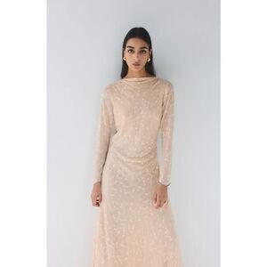 MNG Mango Long Sleeve Sequin Dress Deep V Back Bateau Neck Peach US 4 Altered